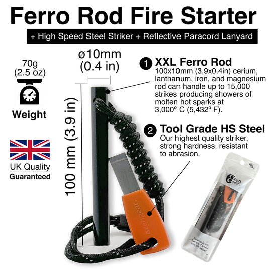Camping Flint and Steel Fire Starter, Ferro Rod, HSS Striker - aZengear