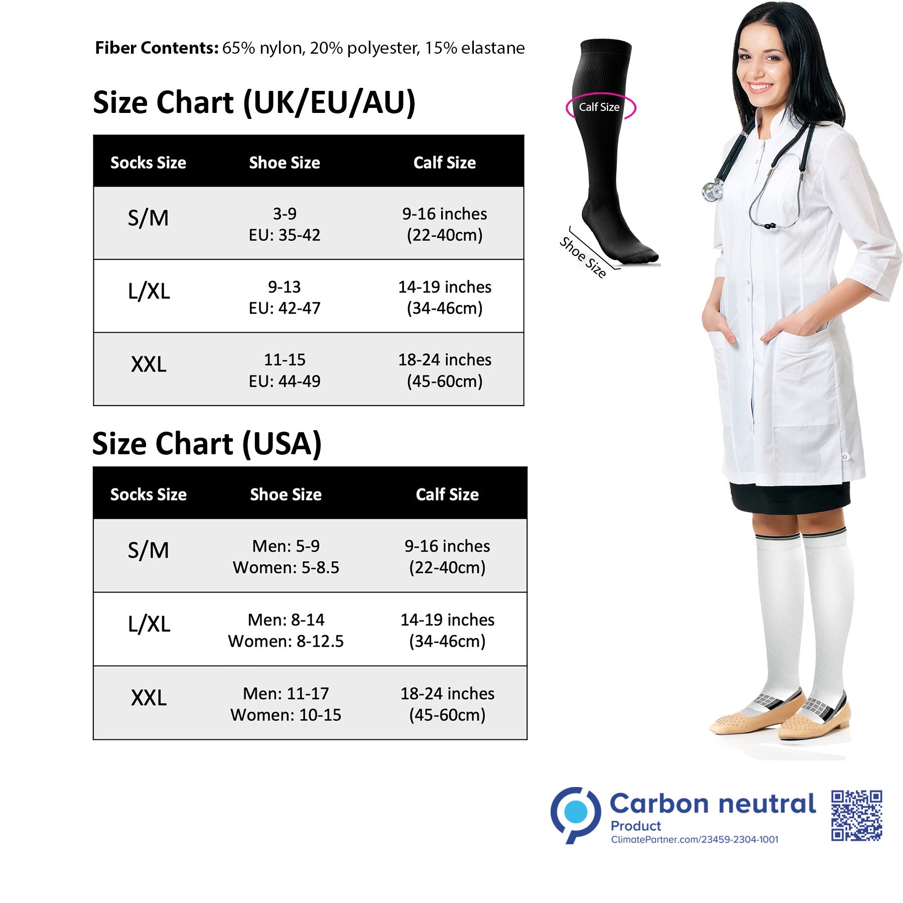 aZengear Compression Socks for Men & Women for running, flight travel, DVT (20-30 mmHg) - Size Guide Chart