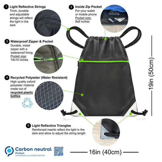 Drawstring Gym Bag from Waterproof Recycled Polyester - Rucksack for Sport, PE, Swim, Beach, Yoga (Black)