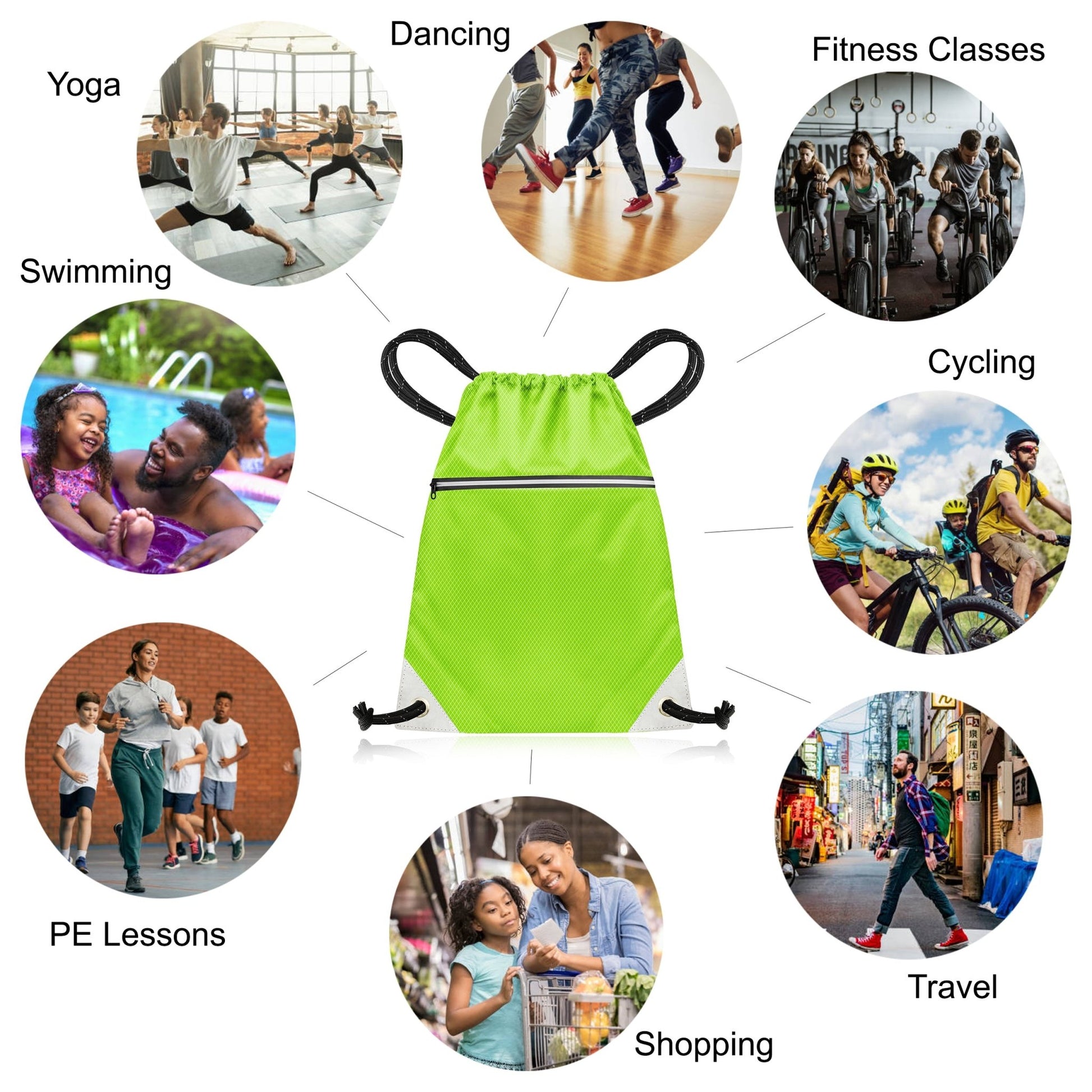 Drawstring Gym Bag from Waterproof Recycled Polyester - Rucksack for Sport, PE, Swim, Beach, Yoga, Travel (Neon Green) - aZengear