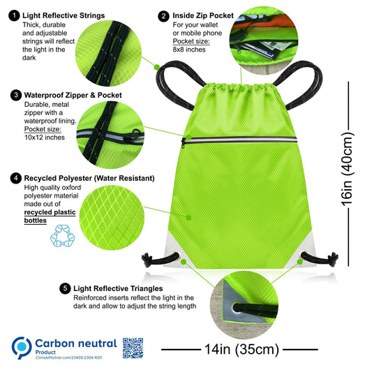 Drawstring Gym Bag from Waterproof Recycled Polyester - Rucksack for Sport, PE, Swim, Beach, Yoga, Travel (Neon Green)