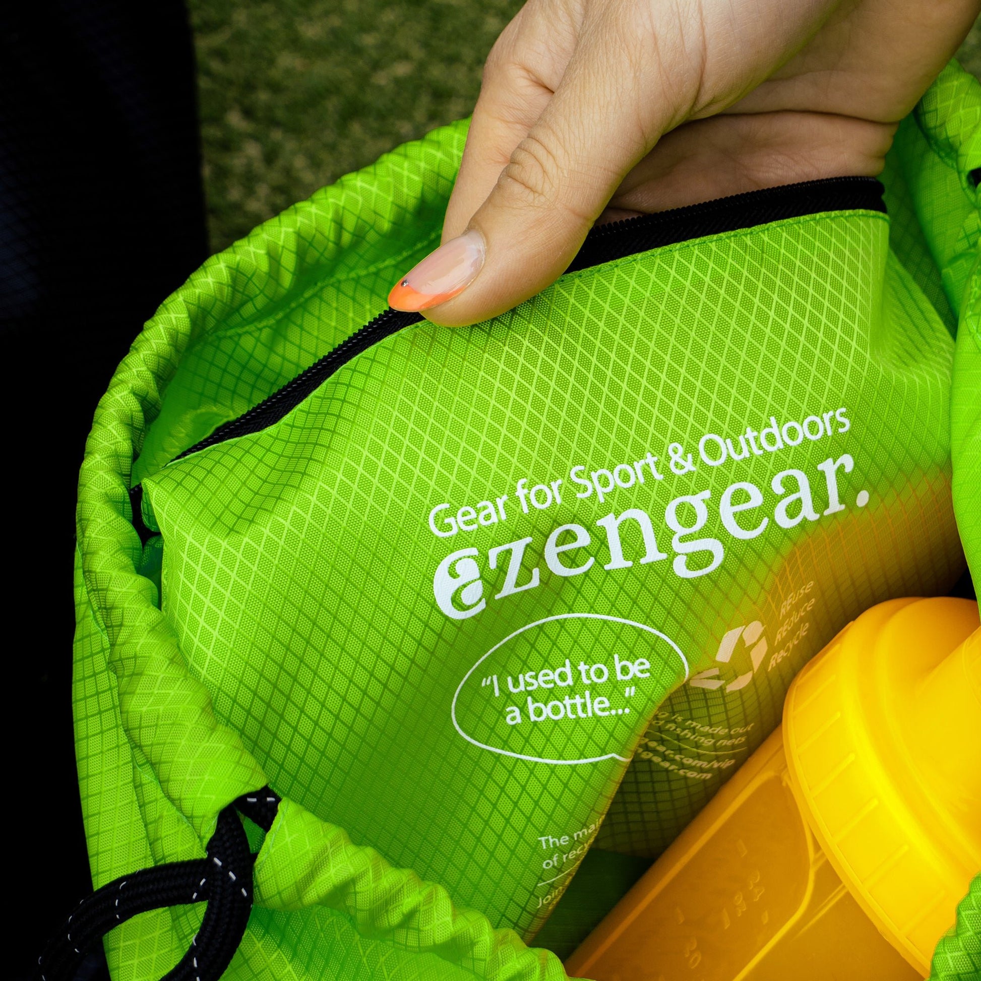 Drawstring Gym Bag from Waterproof Recycled Polyester - Rucksack for Sport, PE, Swim, Beach, Yoga, Travel (Neon Green) - aZengear