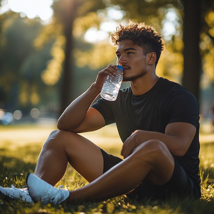  A young athletic man sits on the grass in a park, wearing a black workout shirt and shorts, drinking from a clear plastic water bottle. Sunlight filters through the trees in the background, creating a warm, serene atmosphere.