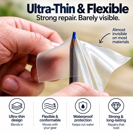 A close-up of a person's hands peeling back a transparent, ultra-thin film over a blue pencil tip to demonstrate its flexibility and repair capability. The image includes marketing text at the top and feature icons at the bottom describing its ultra-thin design, flexibility, waterproof protection, and strong long-lasting repair capabilities.