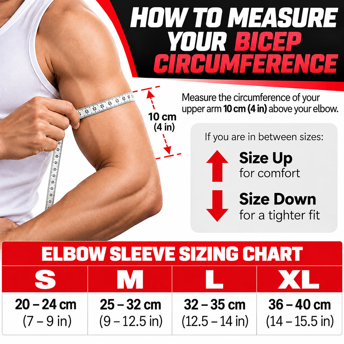 Instructional sizing graphic for measuring bicep circumference, showing a cropped person measuring an upper arm with a tape measure, plus text instructions and an elbow sleeve sizing chart with S/M/L/XL sizes and measurements.