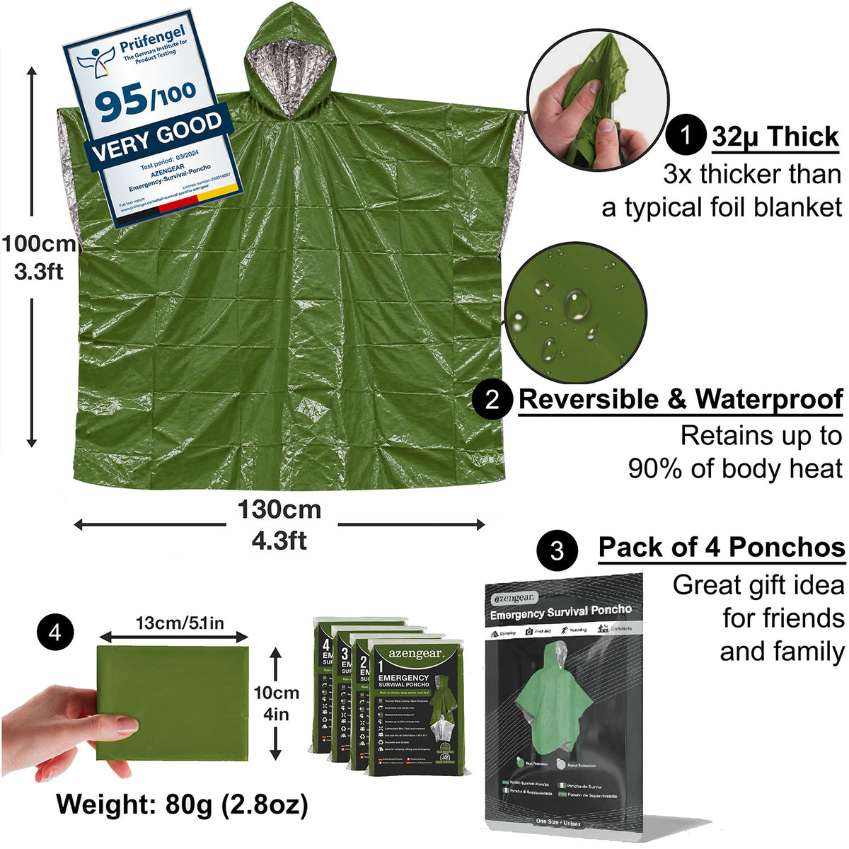 An olive green emergency survival poncho shown on a white background with measurement labels, a thickness comparison callout, waterproof droplet detail, weight info, and a pack of four ponchos. A hand is visible holding a green material sample, and the layout includes product dimensions and feature callouts.
