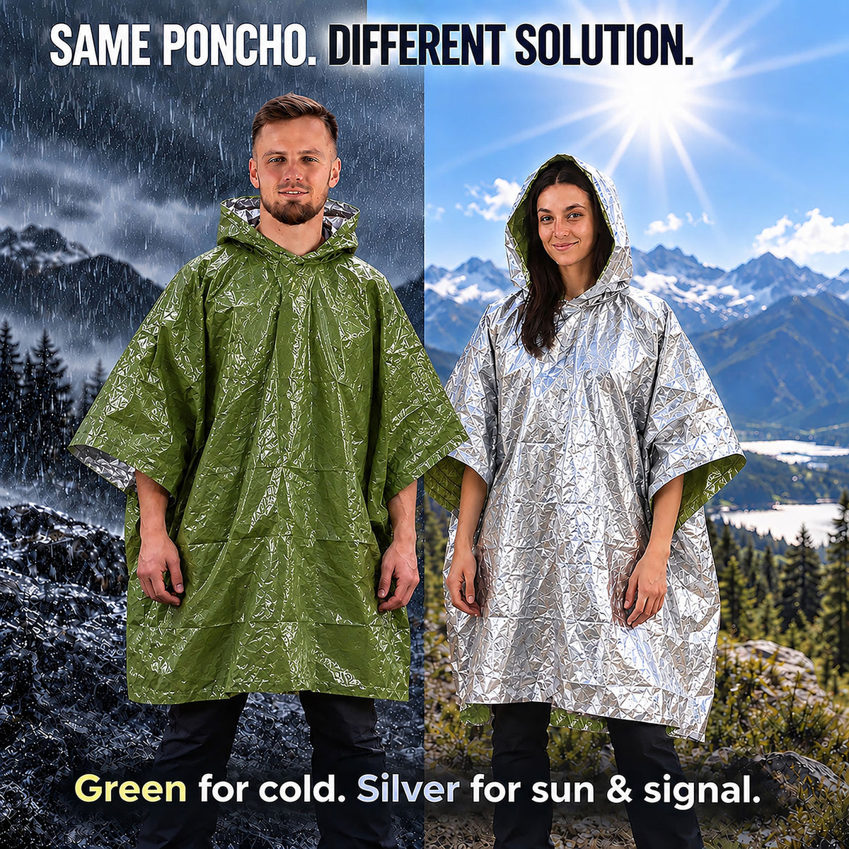 Two people wearing reflective ponchos stand side by side against a split mountain landscape. The left person wears an olive green poncho under a rainy sky, and the right person wears a silver reflective poncho under a sunny sky.