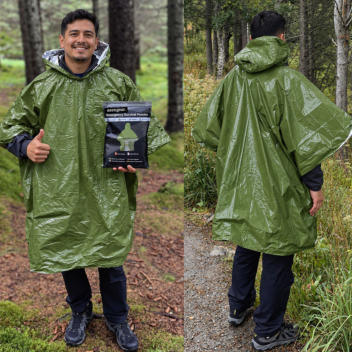 A man wearing an olive green waterproof poncho is shown in a forest setting, with a side-by-side front and back view. He is holding a black package of 'Sumpfun' waterproof ponchos.