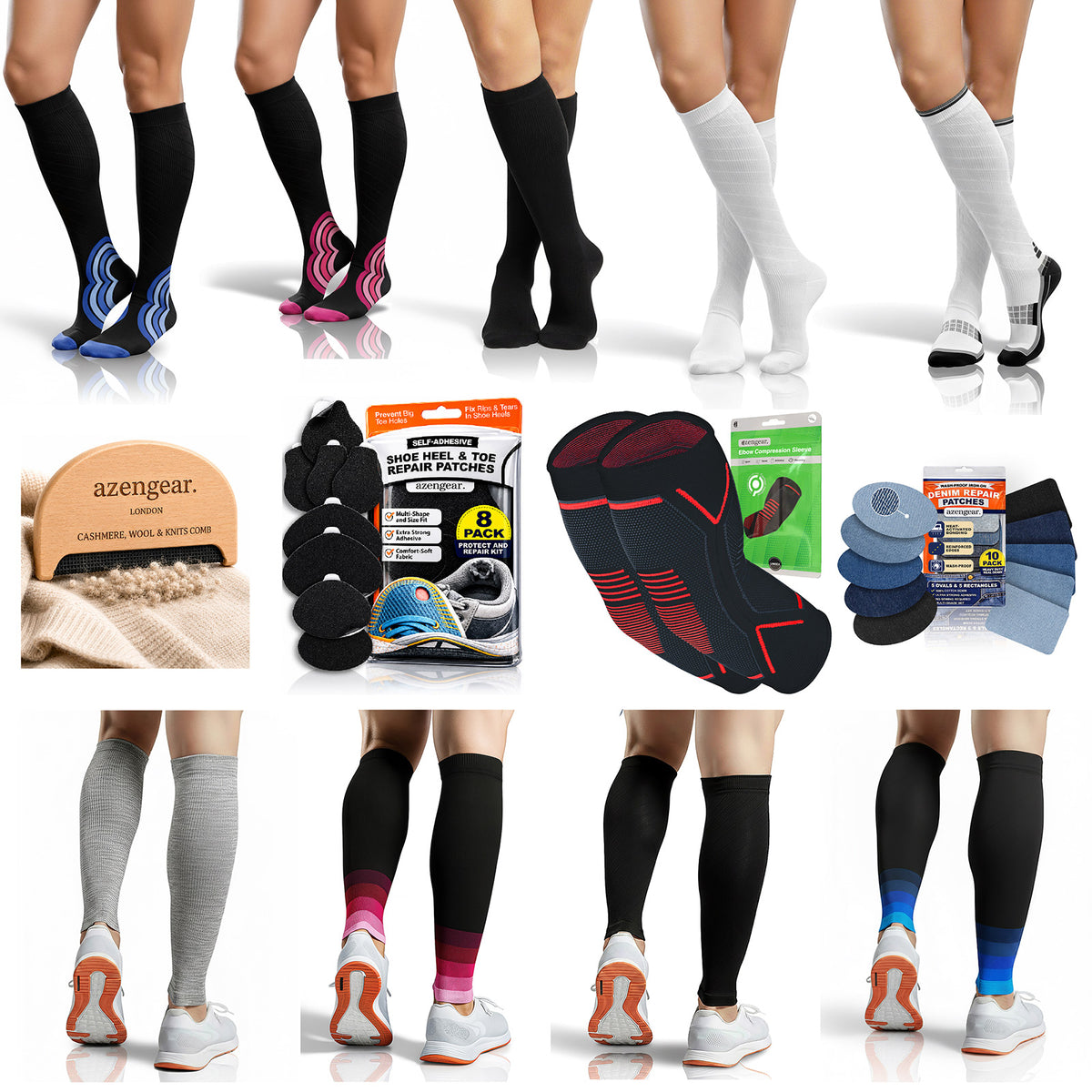 A collage showing multiple lower-leg views of people wearing compression socks in different colors and styles, alongside product packages and accessories including repair patches and shoe inserts. Because visible human legs and feet are present throughout, this is classified as Lifestyle rather than Product/Packaging.