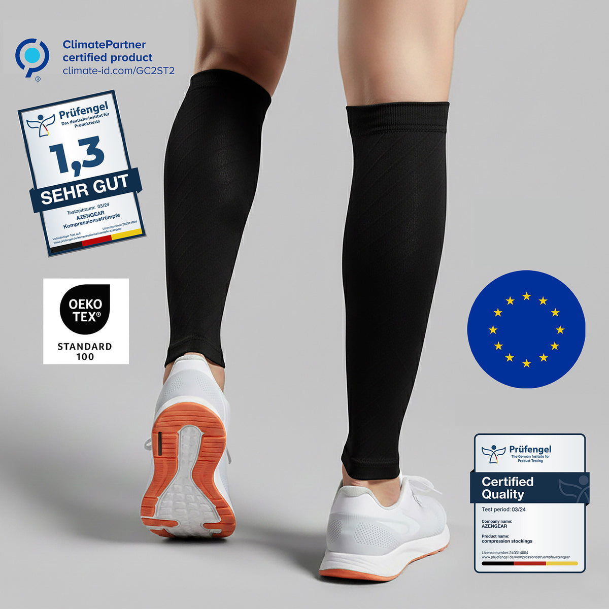 Black knee-high compression sleeves worn on both legs, shown on a model from the back wearing white running shoes with orange soles. The image includes certification badges for Prüfengel, OEKO-TEX, ClimatePartner, and European Union standards on a light gray background.