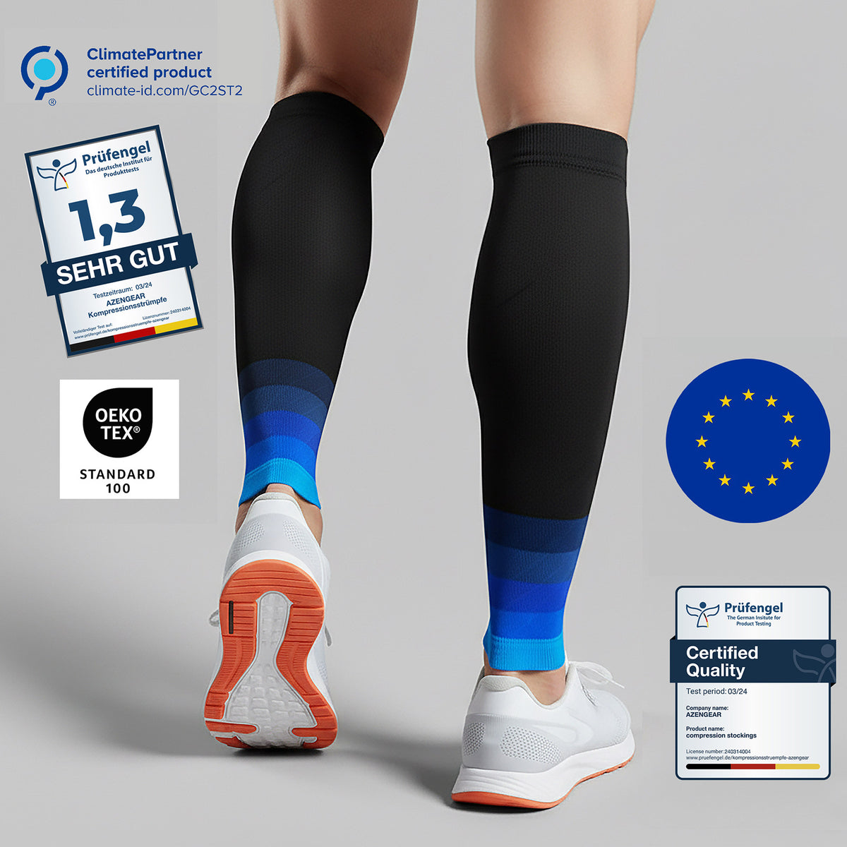 Black knee-high compression sleeves with blue gradient stripes at the bottom, shown on a model's legs from behind, paired with white sneakers. The image features various certification badges including Prüfengel, OEKO-TEX, and ClimatePartner.