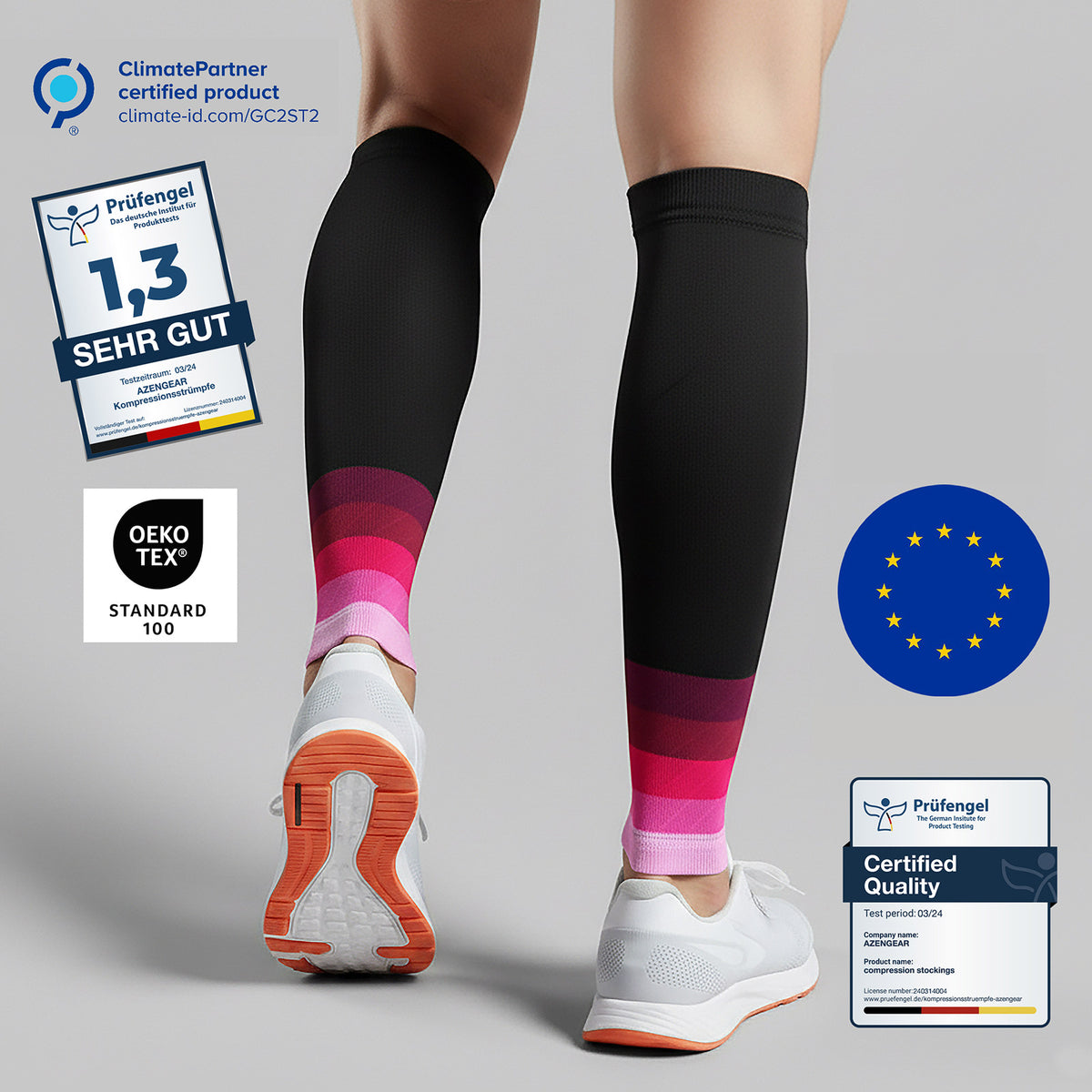 A pair of black knee-high compression sleeves with pink and purple gradient bands near the lower leg, shown on a model's legs from the back against a light gray studio background. Certification badges for Prüfengel, OEKO-TEX, and ClimatePartner are displayed around the product.