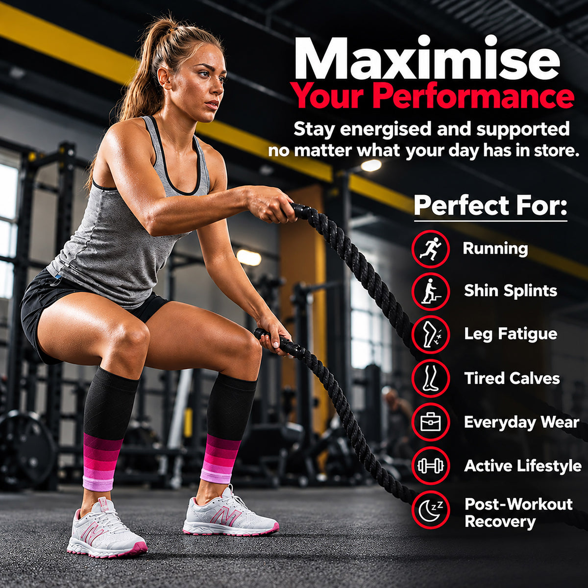 A woman in a gym wearing a gray tank top, black shorts, and black knee sleeves is shown battle-cranking ropes. The image includes promotional text reading 'Maximise Your Performance' and a list of conditions the product is perfect for, such as running, shin splints, leg fatigue, and tired calves.