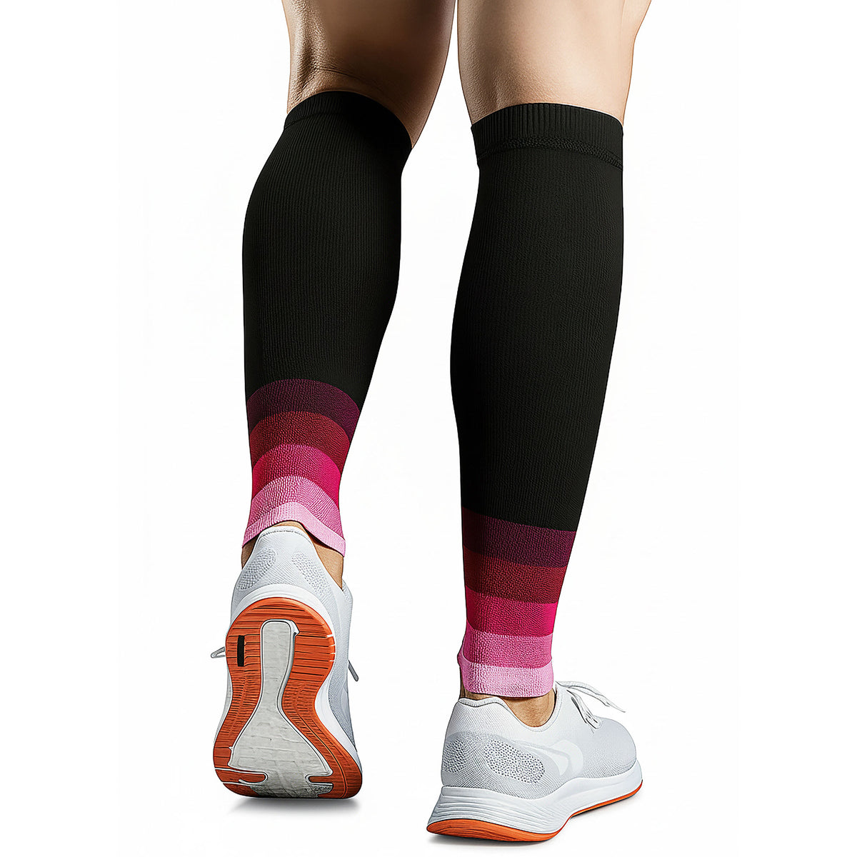 Black knee-high socks with pink gradient and white athletic shoes on a white background