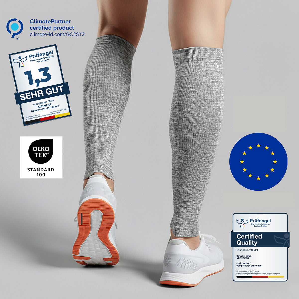 Gray ribbed knee-high compression sleeves worn on both legs, shown from the back and side on a model with white running shoes. The image includes certification badges for ClimatePartner, Prüfengel, OEKO-TEX, and the EU Ecolabel on a light gray background.