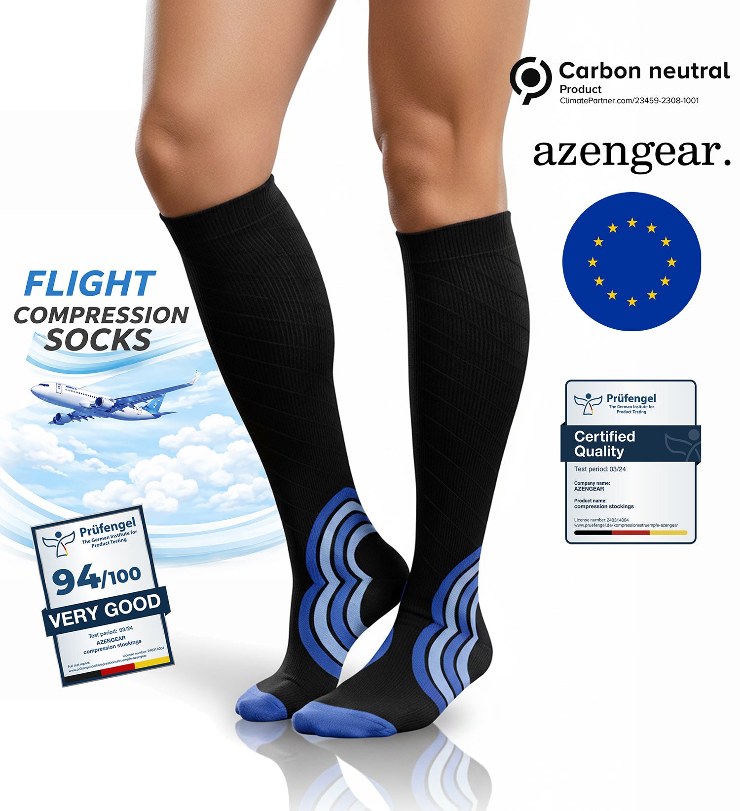 Black flight compression socks with blue accents worn by a person, on a white background with branding and certification logos.