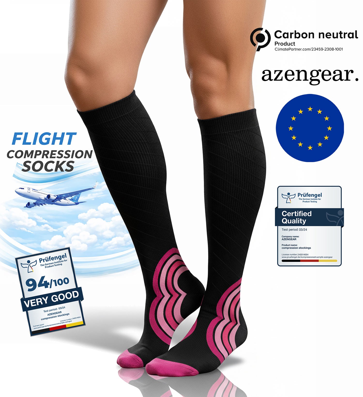 Black compression socks with pink accents worn by a person, featuring azengear branding and certification logos.