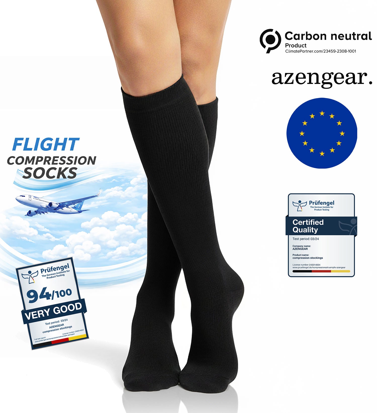 Black flight compression socks worn by a person with branding and certification logos on a white background.