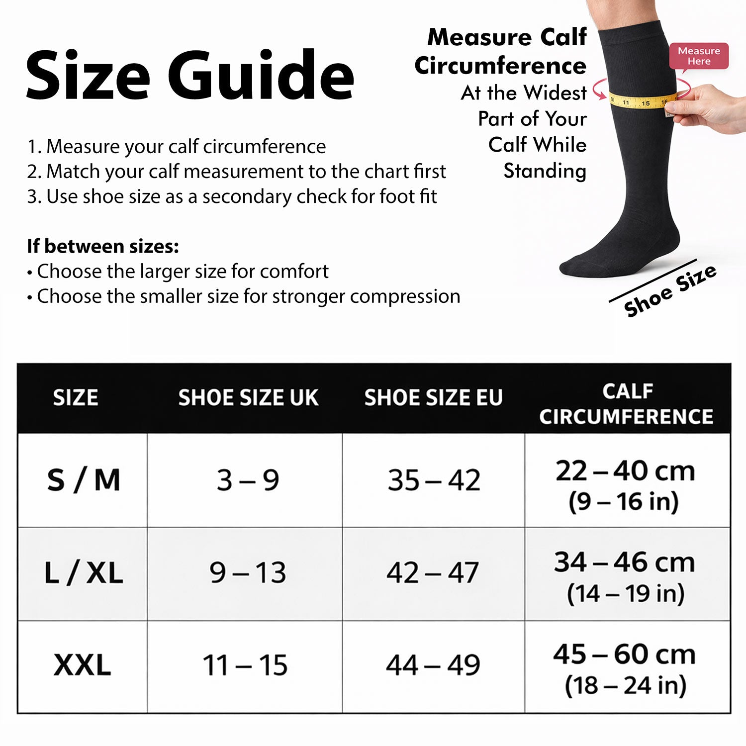 Size guide for socks with measurement instructions and a chart showing shoe sizes and calf circumferences.