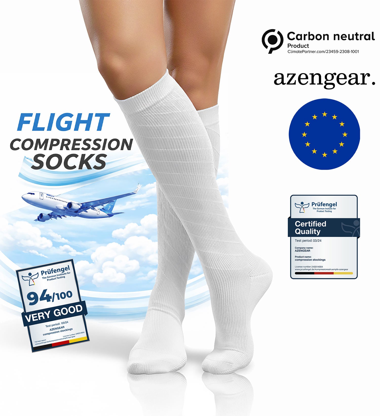 White flight compression socks with airplane graphic and certification logos on a white background