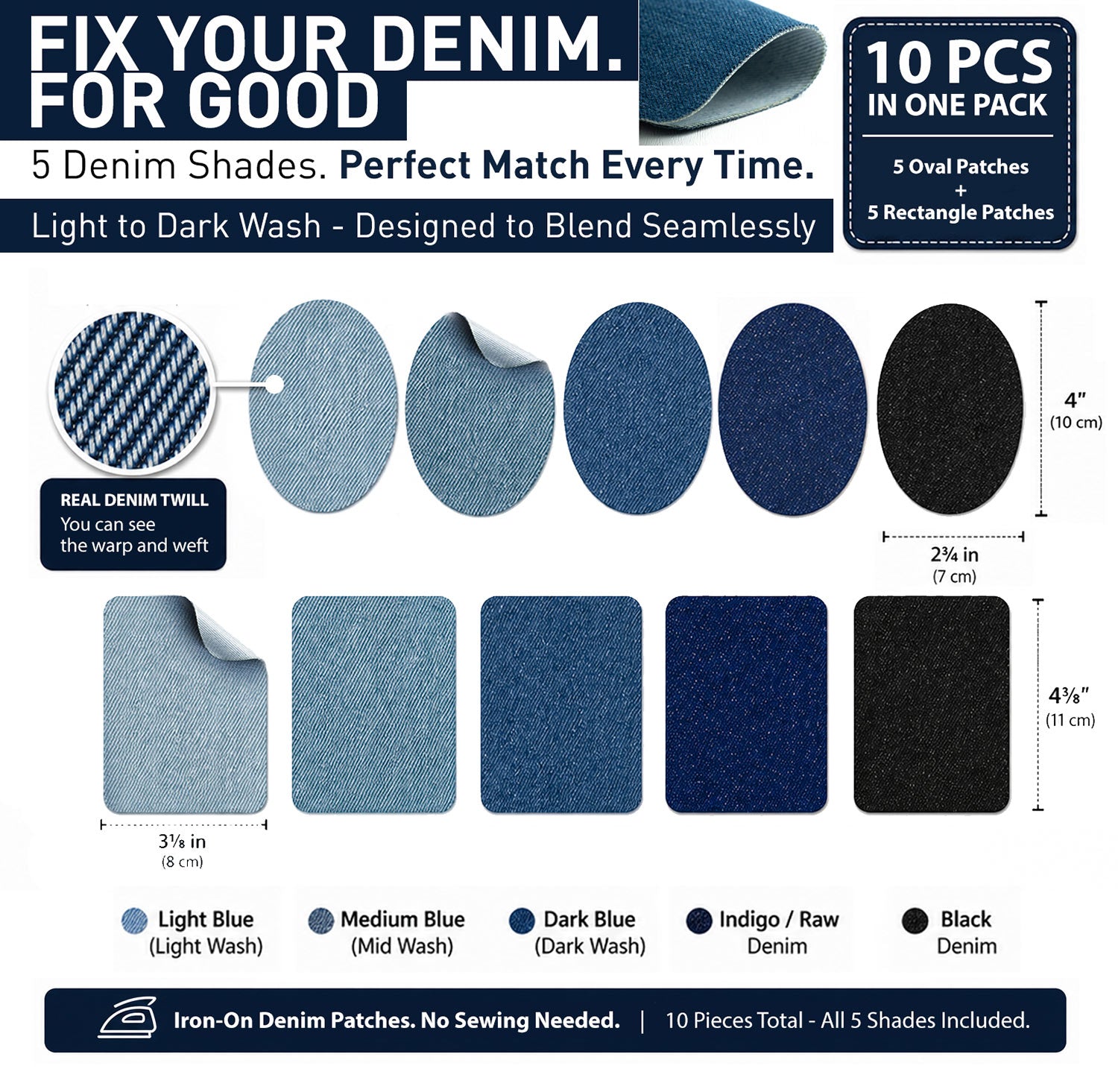 sizes and shapes - Iron-On Denim Repair Patches for Jeans (10 Pack) - 100% Cotton Heavy Duty, Wash-Proof, Extra Strong Adhesive, Blue & Black Shades, Ideal for Knees, Thighs, Elbows, Pockets
