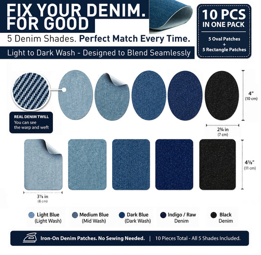 sizes and shapes - Iron-On Denim Repair Patches for Jeans (10 Pack) - 100% Cotton Heavy Duty, Wash-Proof, Extra Strong Adhesive, Blue & Black Shades, Ideal for Knees, Thighs, Elbows, Pockets