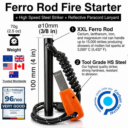 Ferro rod fire starter with a black steel striker and orange lanyard, shown on a white background with feature callouts, dimensions, weight, certification badges, and country flags.