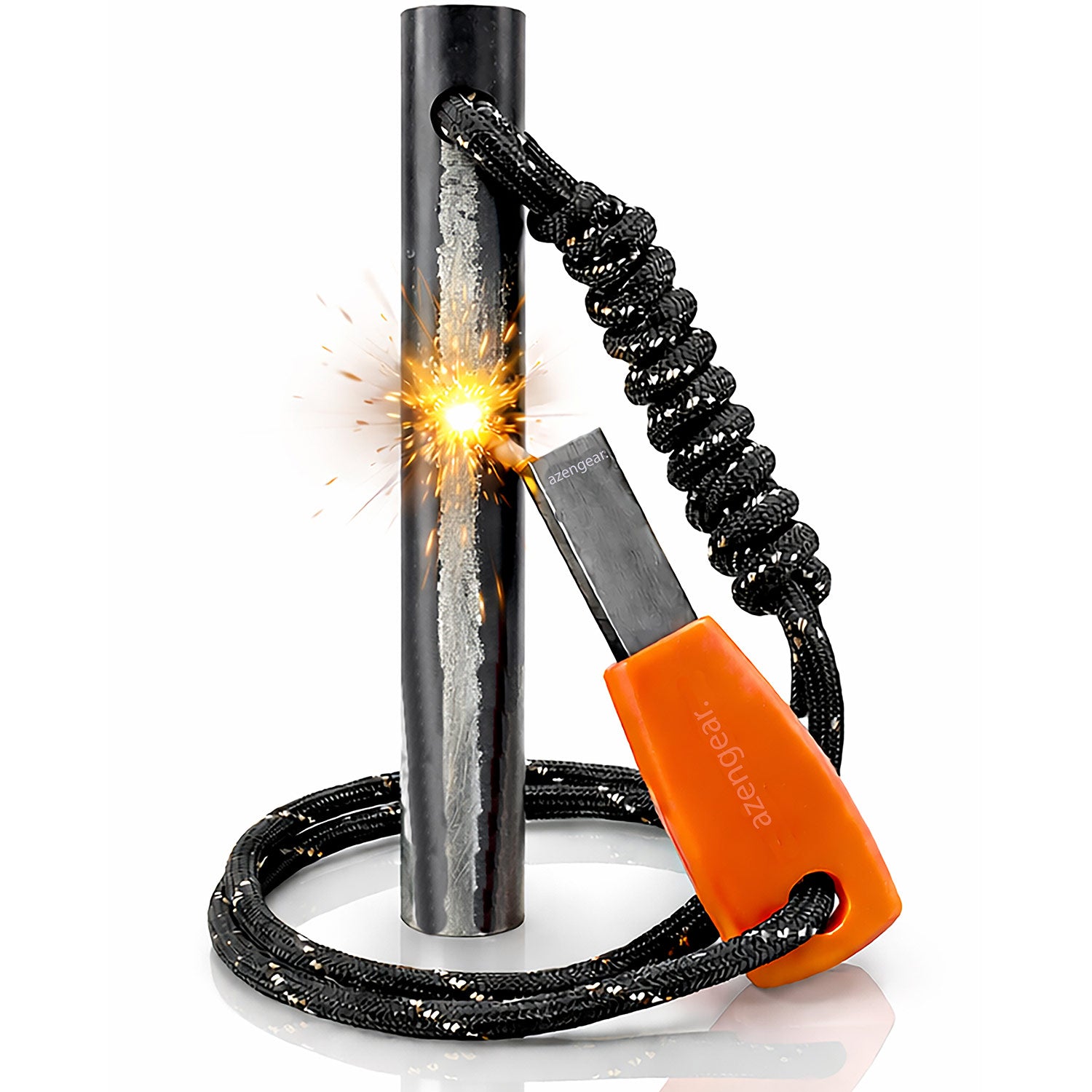 aZengear Ferro Rod Fire Starter Kit (10cm x ⌀1cm), Flint and Steel Striker, Fluorescent Paracord - 15,000 Strikes Firesteel Survival Tool for Hiking, Camping and Outdoor Emergency