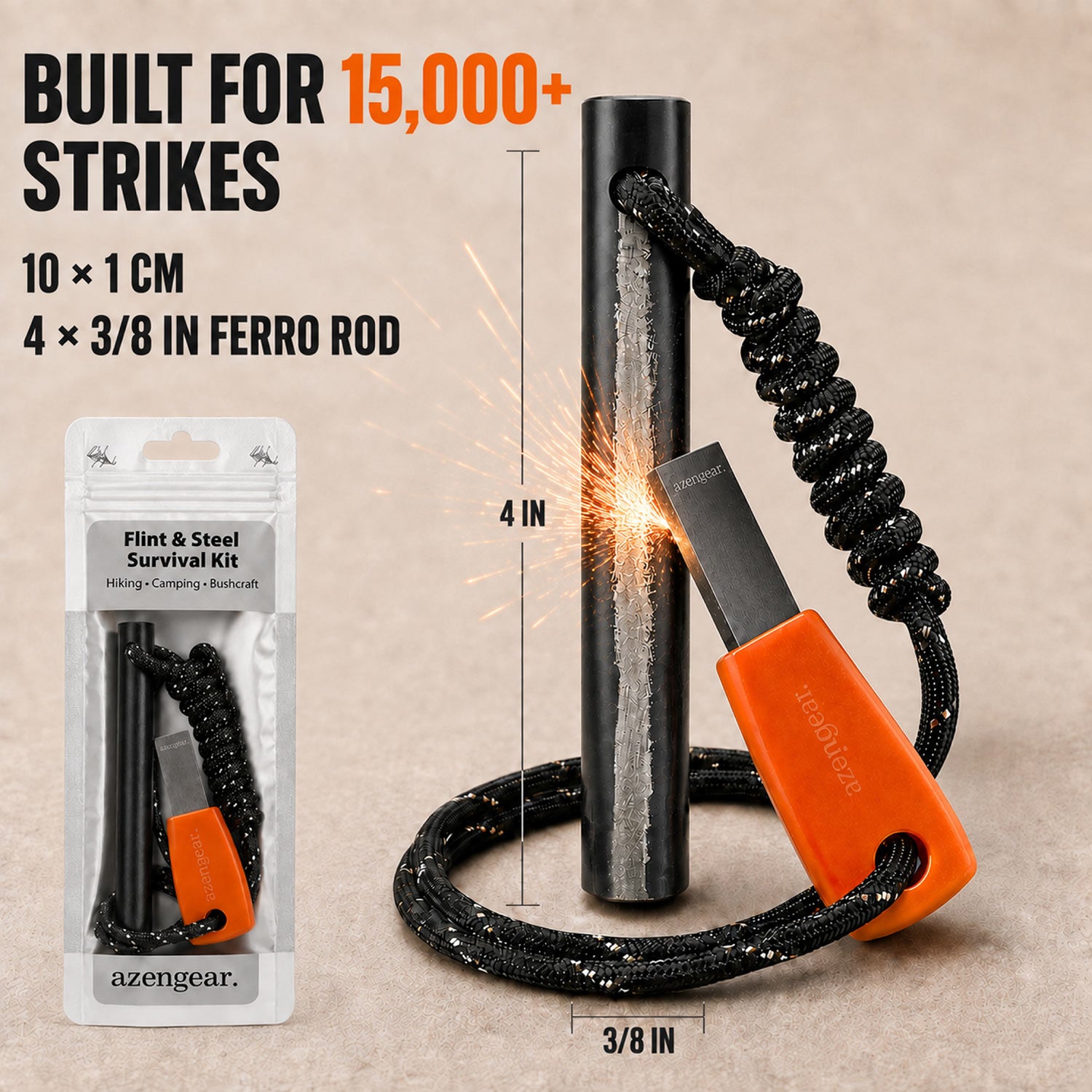 A ferro rod fire starter with a black coiled cord and orange striker clip, shown next to its retail packaging. The image includes text highlighting key features: 'BUILT FOR 15,000+ STRIKES', '10 x 1 CM', '4 x 3/8 IN FERRO ROD', and dimension markings of 4 IN and 3/8 IN.