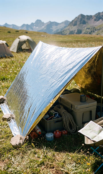 A silver reflective camping tarp set up as a shelter in a grassy mountain meadow, with a cooler, camping gear, and other tents in the background.