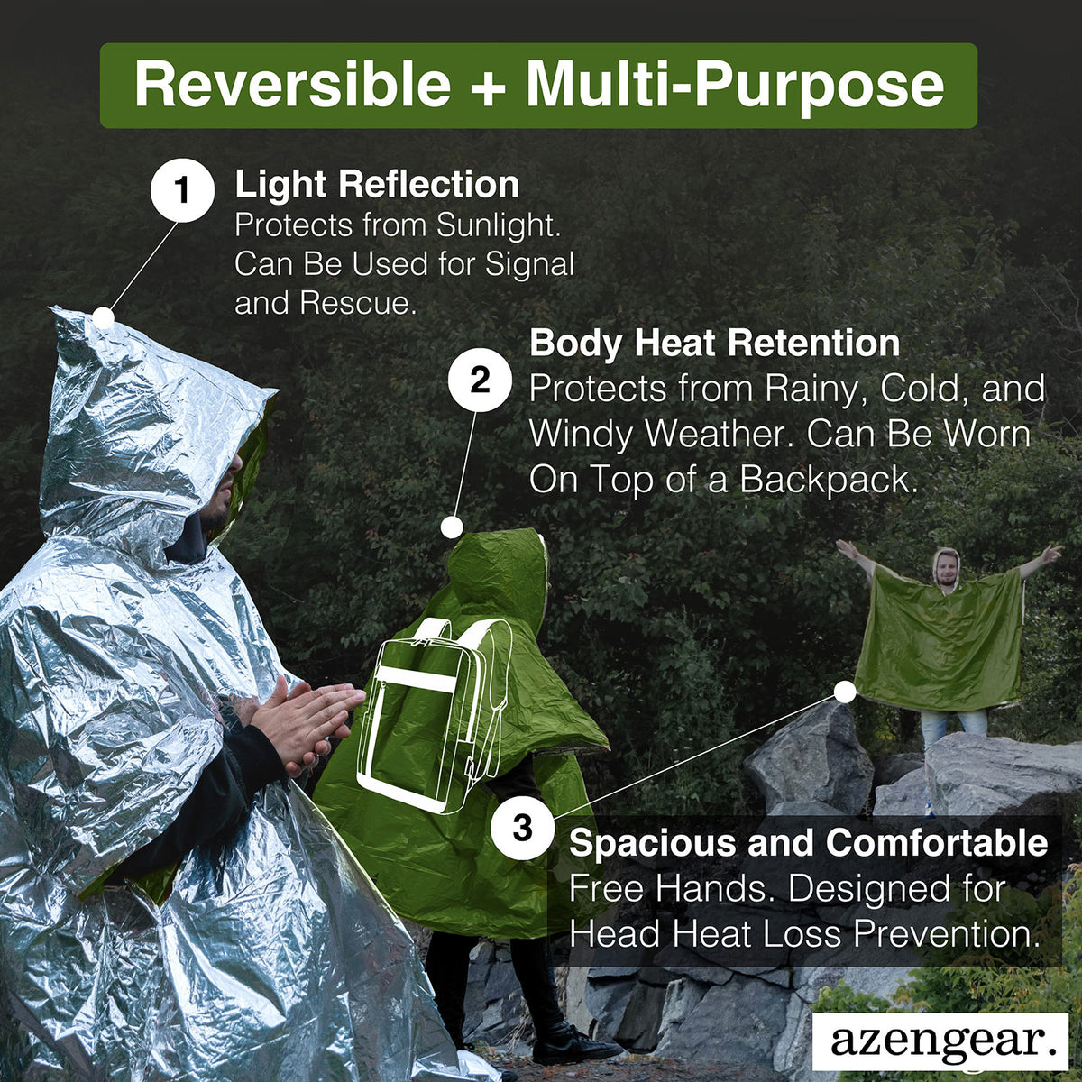 Promotional infographic for an azengear reversible multi-purpose rain poncho, showing three people wearing the poncho in different scenarios (signal/reflective hood, green body with white pocket, and full-body green poncho) on a rocky outdoor background, with text callouts explaining its features.