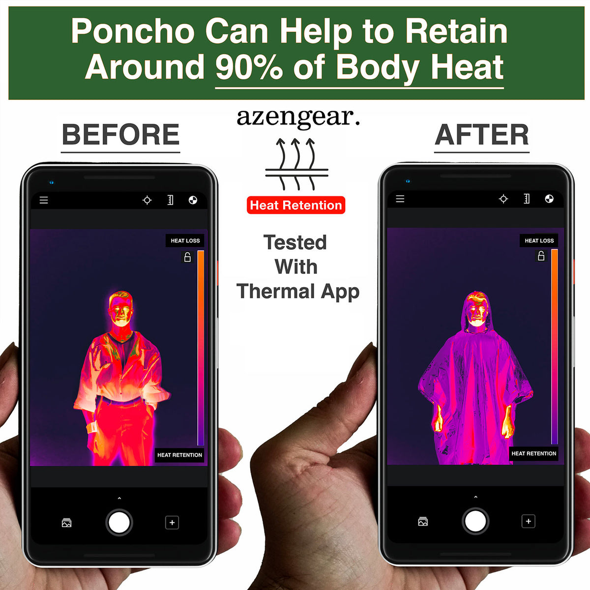 A promotional comparison graphic showing two hands holding smartphones side by side, each displaying a thermal imaging screen with a person in a red and purple heat-loss pose. Above the phones, text reads 'Before' and 'After' with 'azengear.