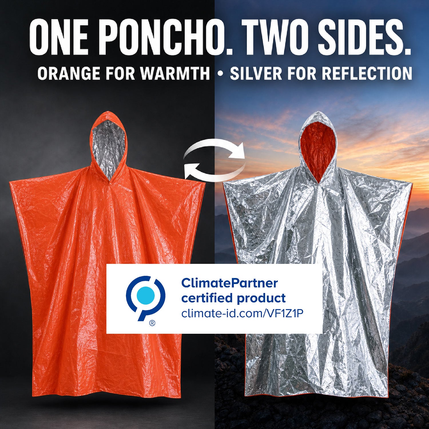 A promotional product graphic showing a one-poncho rain poncho with orange and silver reflective sides. The left side shows the poncho in bright orange against a dark background, while the right side shows the same poncho in silver reflective material against a mountain sunset background.
