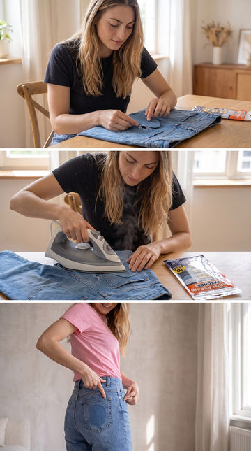 Three-panel collage showing a woman transforming a pair of blue jeans into a high-waisted skirt. The top panel shows her measuring and marking the jeans, the middle panel shows her ironing the fabric, and the bottom panel shows her wearing the finished blue denim skirt.