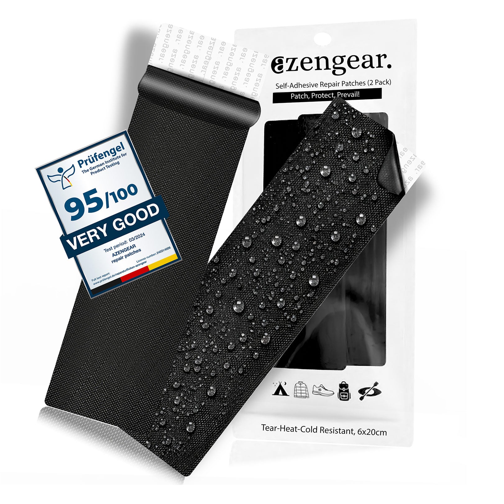 aZengear Self-Adhesive Repair Patches - Waterproof, Tear-Cold-Heat-Resistant Polyester Fabric to Fix Down Jackets, Puffer, Snowsuit, Shoe, Tent, PVC, Clothing, Upholstery (Black, 2 Pack)