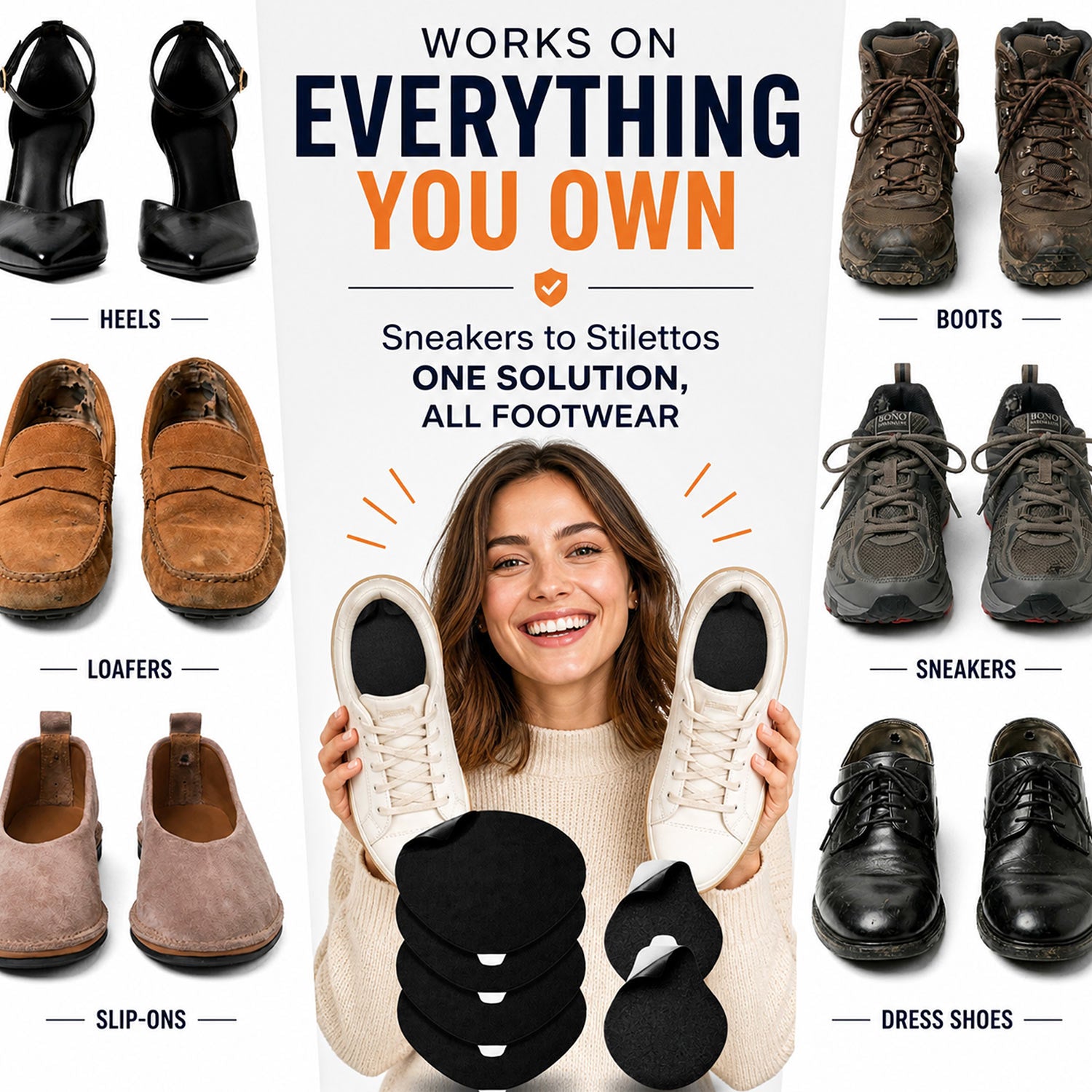 Promotional image of a shoe size converter with various types of shoes displayed on a white background.