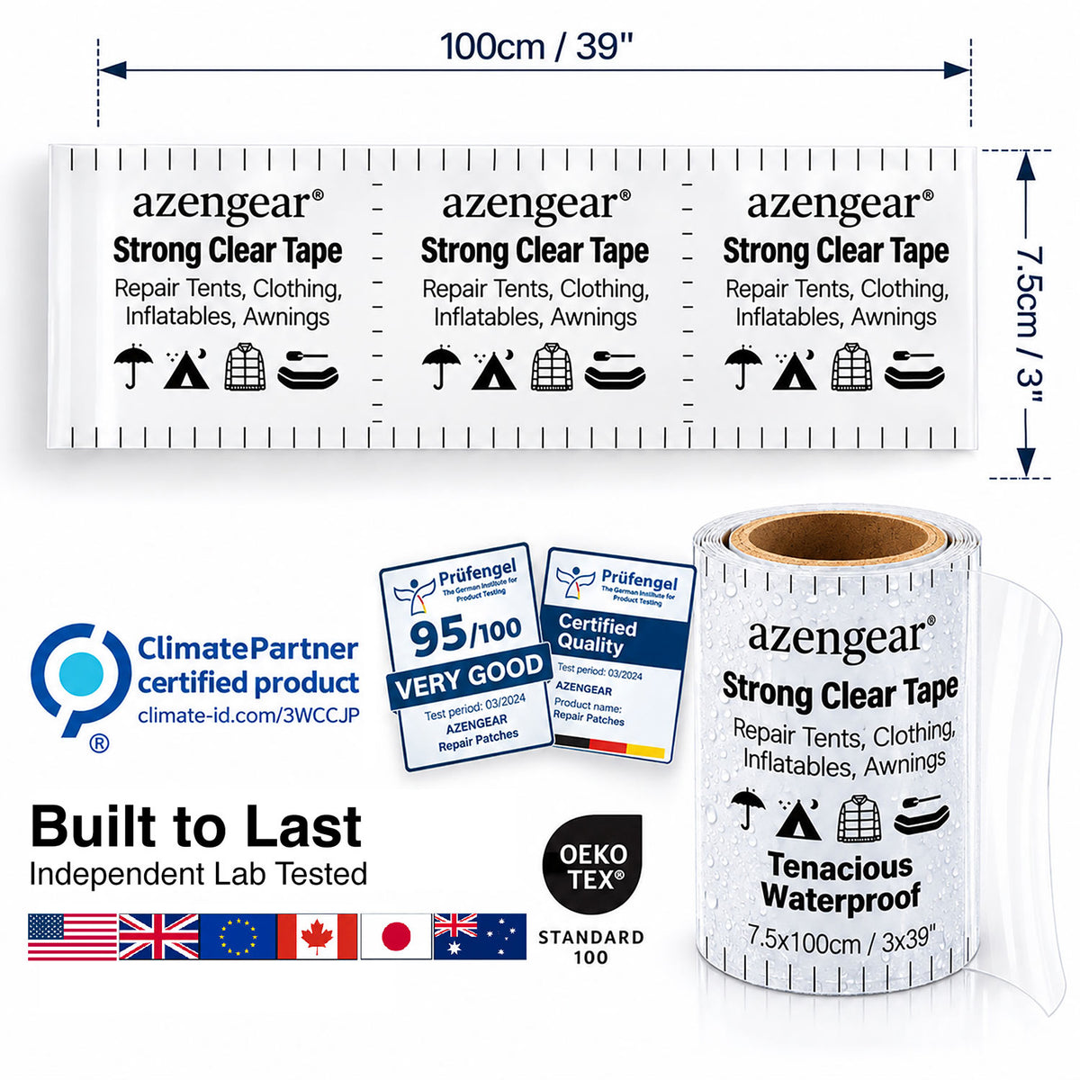A roll of azengear Strong Clear Tape shown alongside a sample strip of the tape, with printed icons and text indicating use for repair tents, clothing, inflatables, and awnings. The image includes certification badges, climatepartner certification, Oeko-TEX, and size annotations of 100 cm / 39 inches by 7.