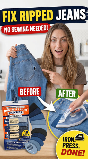 A woman holds up ripped blue jeans showing the 'before' and 'after' use of AztecGear Denim Repair Patches, with an ironing demonstration and product packaging visible.