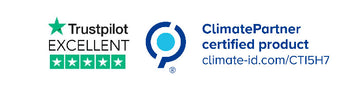 Trustpilot Excellent rating badge and ClimatePartner certified product logo with the URL climate-id.com/CTI5H7 on a white background.