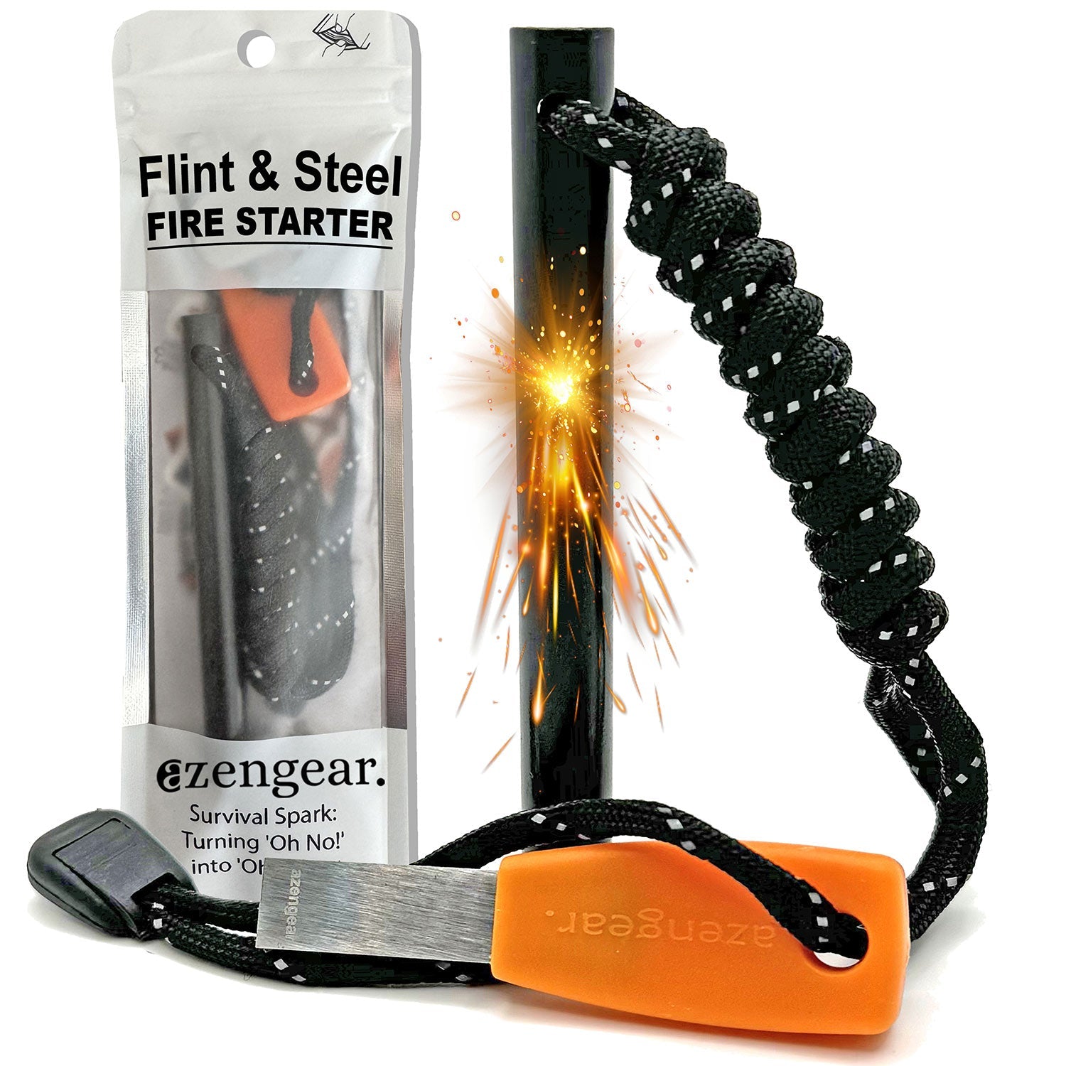 Camping Flint and Steel Fire Starter, Ferro Rod, HSS Striker - aZengear