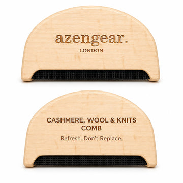 Two light natural wood half-round cashmere and wool knits comb tools with black mesh bristles, shown front and back on a white background. The top piece is engraved with 'azengear.
