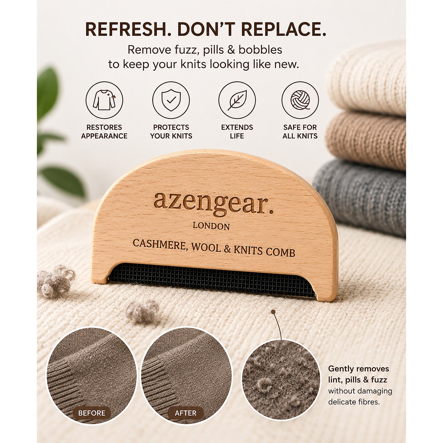 Cashmere Comb, Sweater Comb to Remove Pills, Lint, Fuzz from Clothing - aZengear