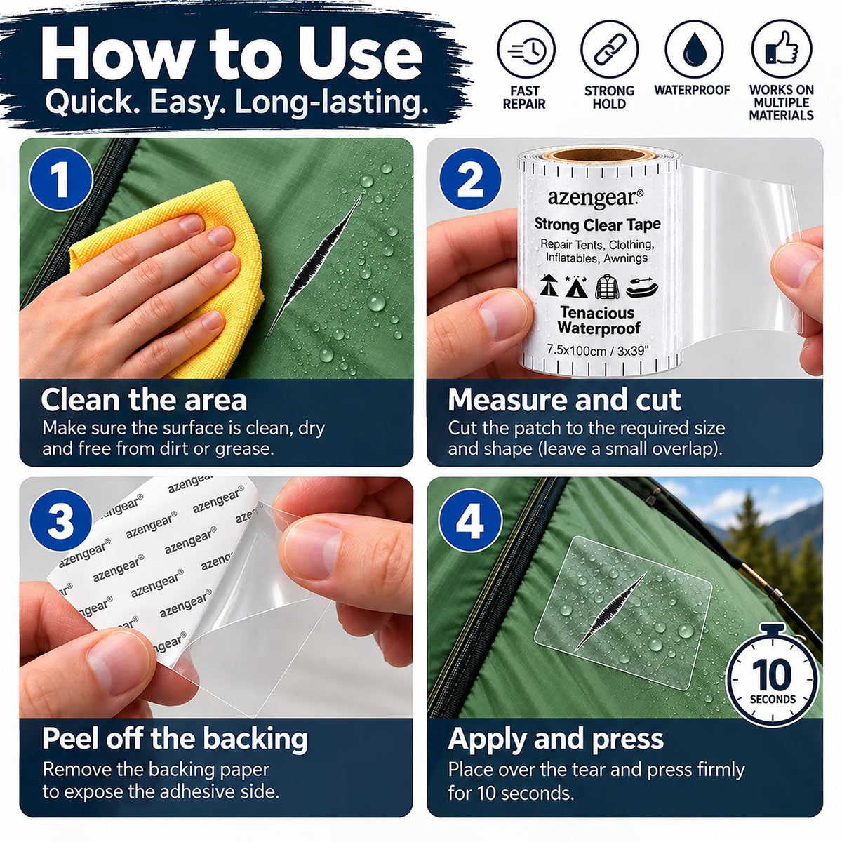 Clear Tenacious Waterproof Tape for Tents, Jackets, Inflatables, PVC - aZengear