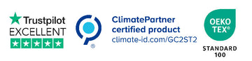 A certification banner featuring the Trustpilot Excellent logo, the ClimatePartner Certified Product logo, the URL climate-id.com/GC2ST2, and the OEKO-TEX Standard 100 logo on a white background.