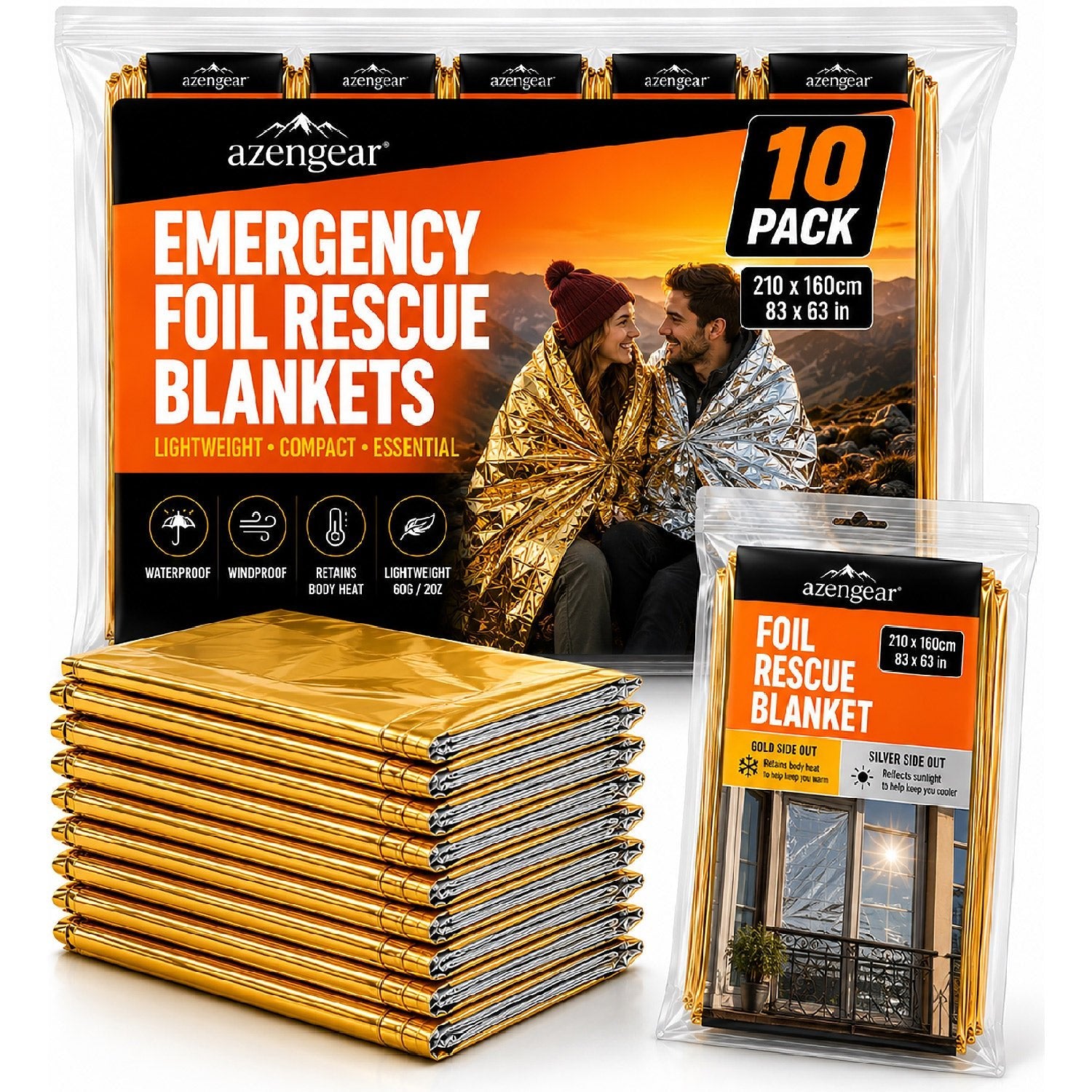 Emergency Rescue Foil Blankets (10 Pack), Thermal Mylar, Waterproof - aZengear