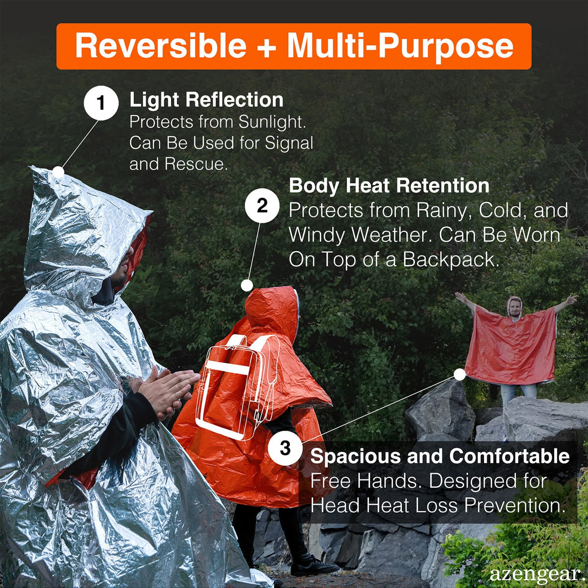Emergency Survival Foil Poncho (4pc), Reversible - aZengear
