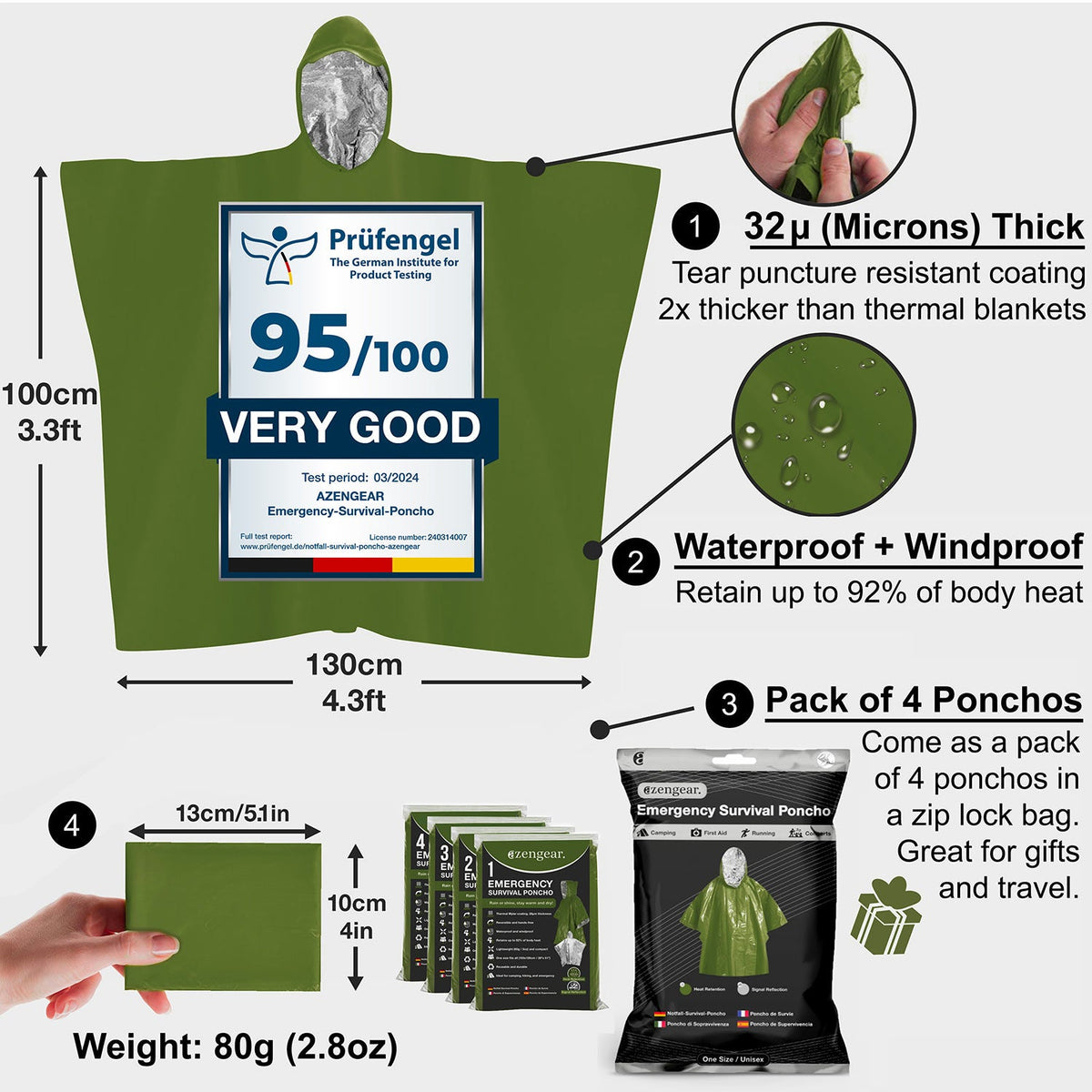 Emergency Survival Foil Poncho (4pc), Reversible - aZengear