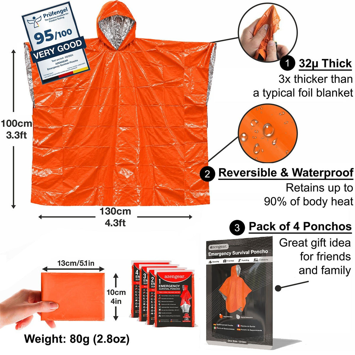 Emergency Survival Foil Poncho (4pc), Reversible - aZengear
