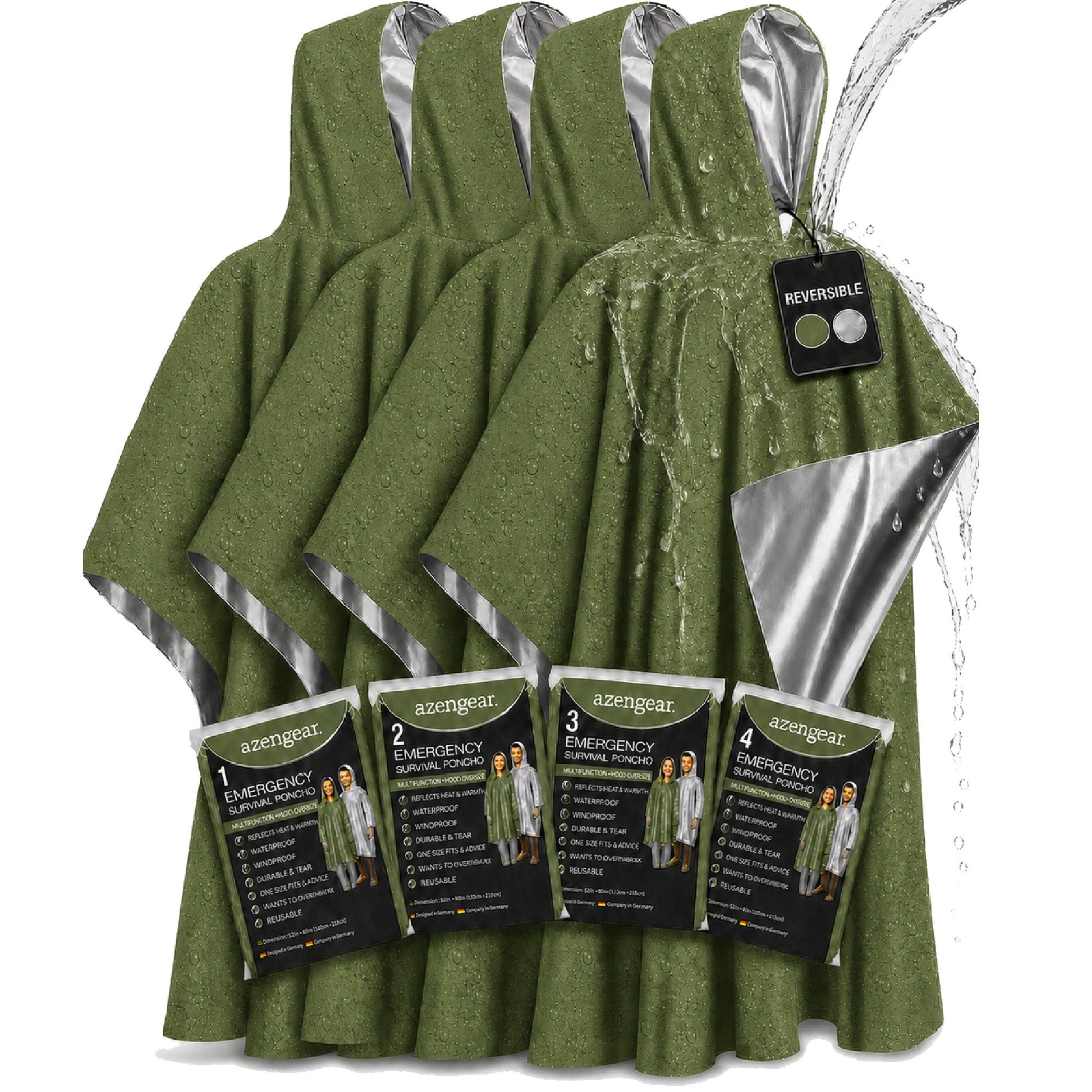 Emergency Survival Foil Poncho (4pc), Reversible - aZengear