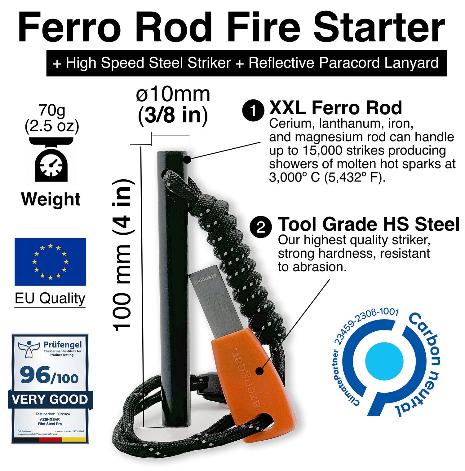 aZengear Camping Flint and Steel Fire Starter, Ferro Rod, HSS Striker
